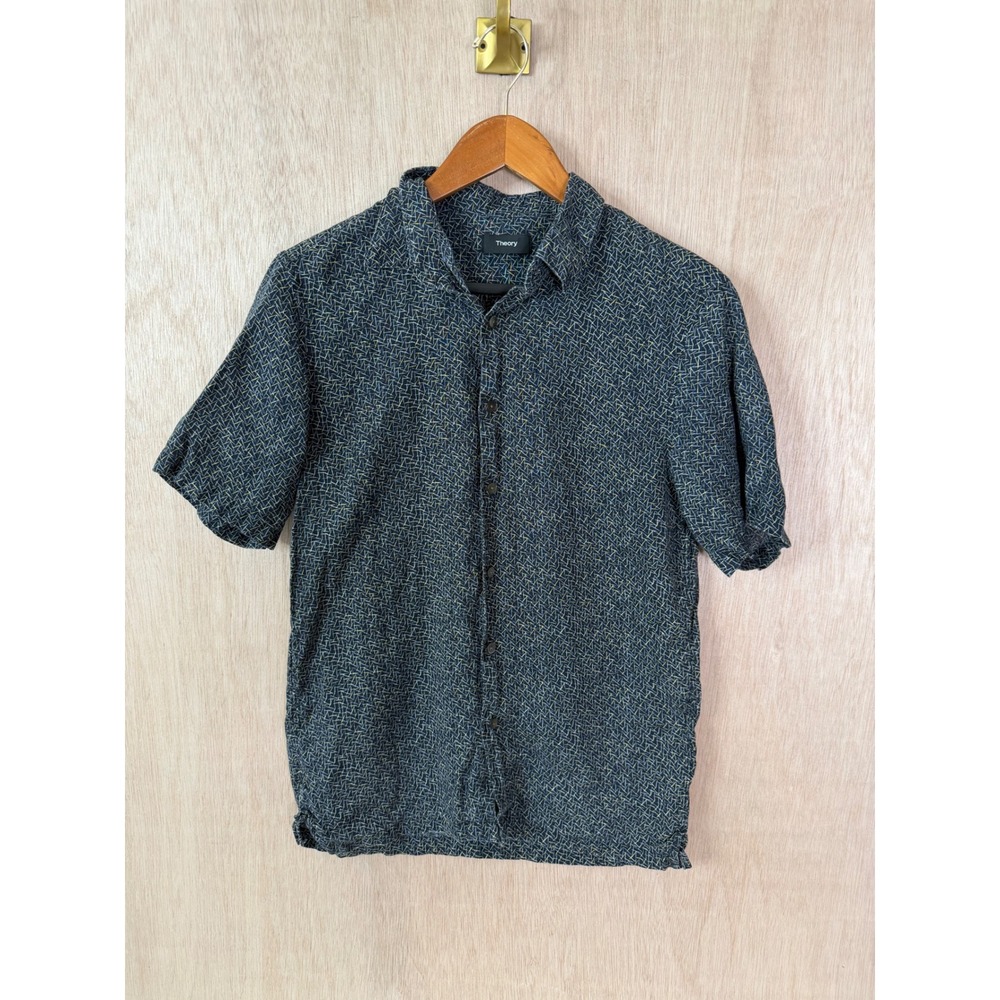 Theory Mens Short Sleeve Button Down Shirt Navy Geometric Print Small